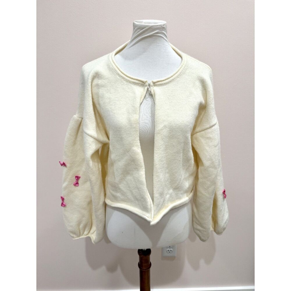 Day & Moon Cute Lolita Coquette Ivory Wool Cardigan Sweater Pink Ribbons L